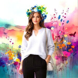 KARL LAGERFELD Ivory Silver Allover Shimmer Fuzzy Knit Pullover Sweater Sz M